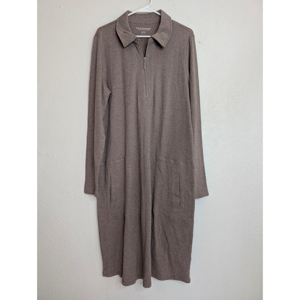 Soft Surroundings Womens Quarter Zip Dress Tall XL Brown 100% Cotton Pockets